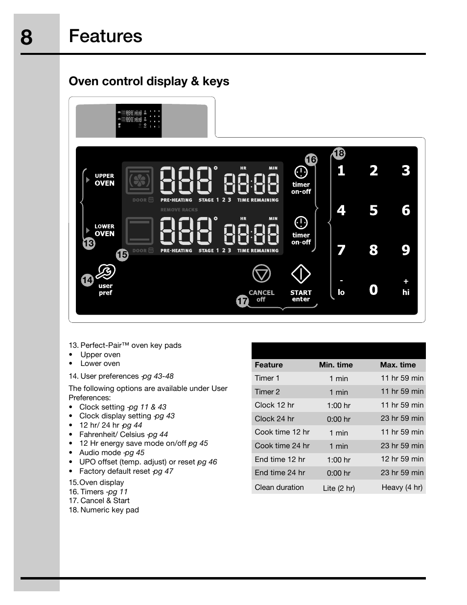 Features, Oven control display & keys | Electrolux 30" FREE-STANDING GAS WAVE-TOUCHTM RANGE 316471110 User Manual | Page 8 / 64