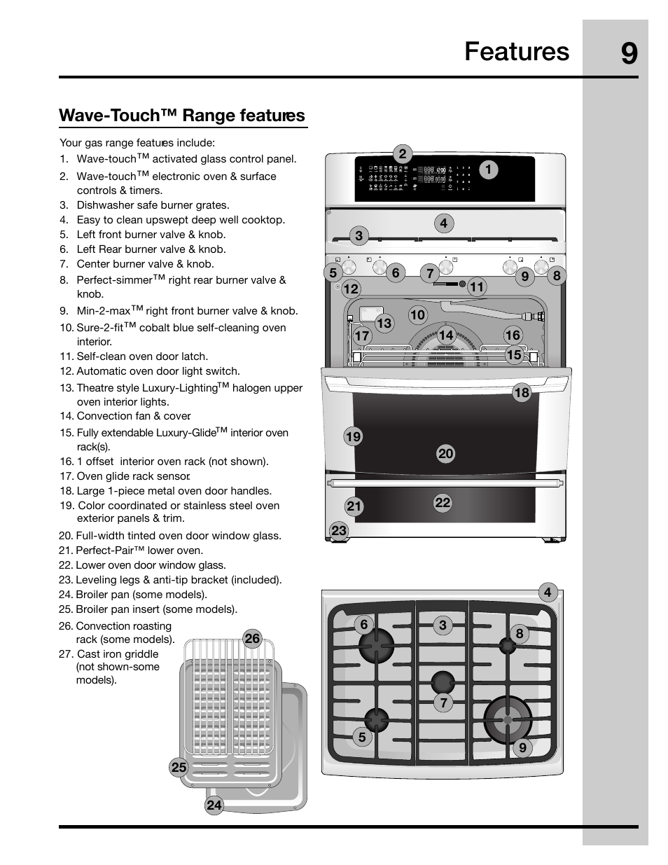 Features, Wave-touch™ range features | Electrolux 30" FREE-STANDING GAS WAVE-TOUCHTM RANGE 316471110 User Manual | Page 9 / 64