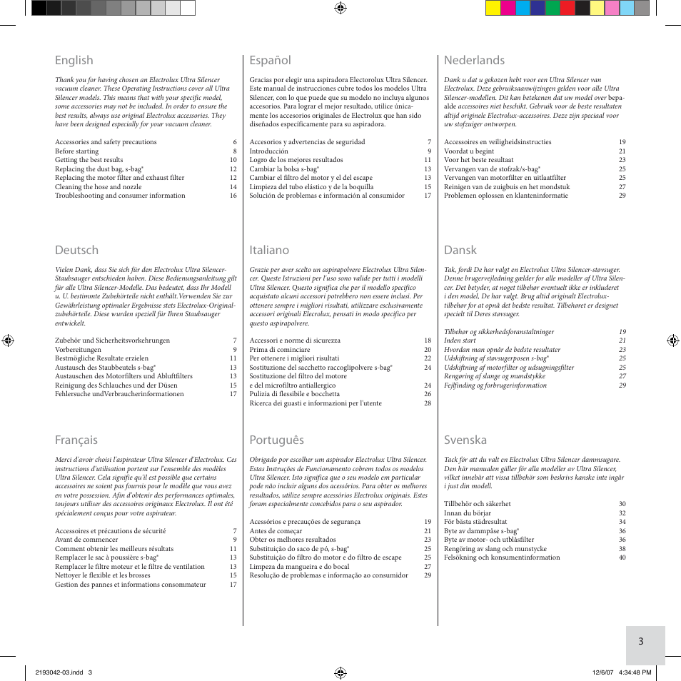 English, Deutsch, Français | Español, Italiano, Português, Nederlands, Dansk, Svenska | Electrolux Ultra Silencer User Manual | Page 2 / 10