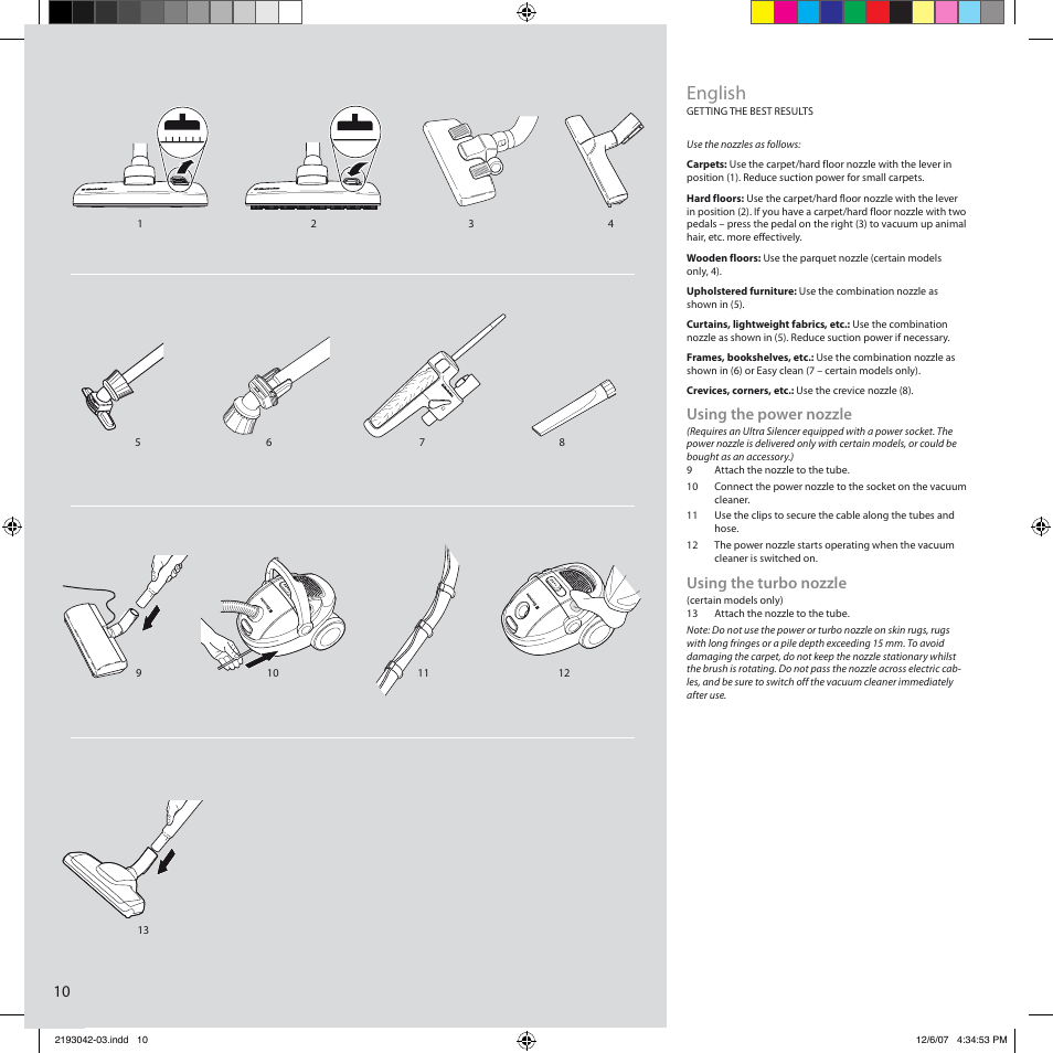 English, Using the power nozzle, Using the turbo nozzle | Electrolux Ultra Silencer User Manual | Page 5 / 10