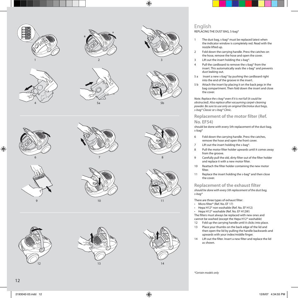 English, Replacement of the motor filter (ref. no. ef54), Replacement of the exhaust filter | Electrolux Ultra Silencer User Manual | Page 6 / 10