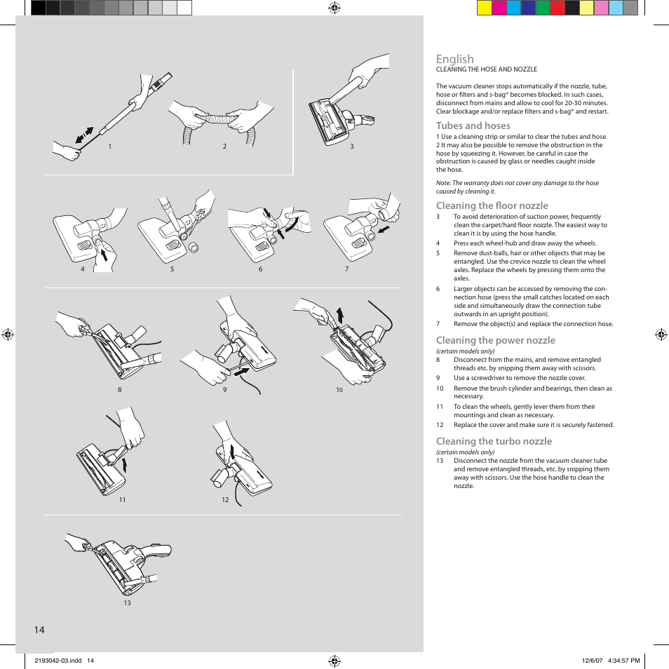 English, Tubes and hoses, Cleaning the floor nozzle | Cleaning the power nozzle, Cleaning the turbo nozzle | Electrolux Ultra Silencer User Manual | Page 7 / 10