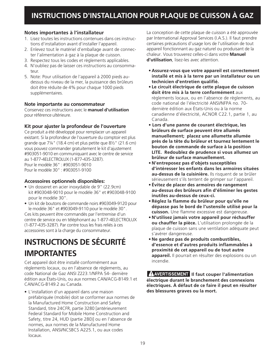 Instructions de sécurité importantes | Electrolux 318201475 User Manual | Page 19 / 24