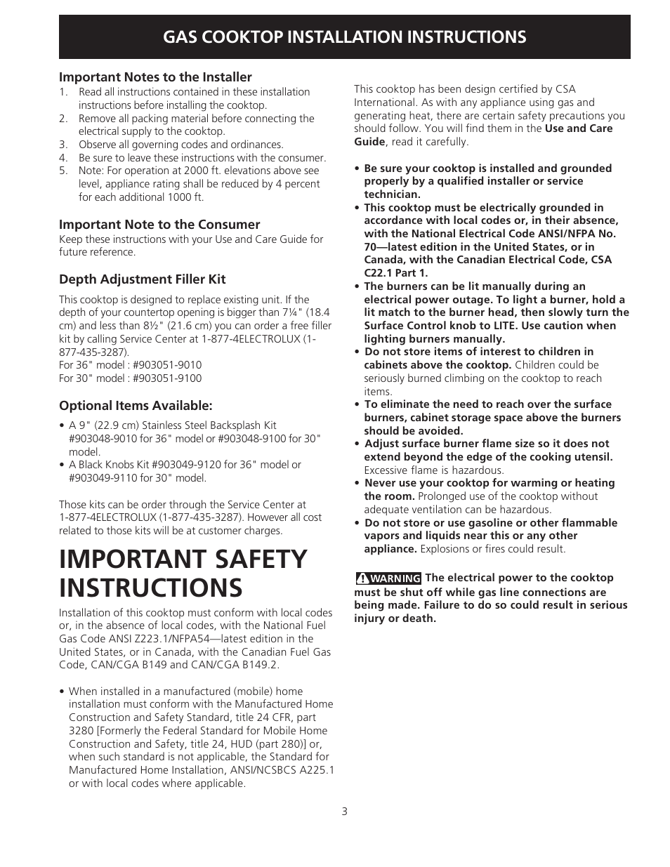 Important safety instructions, Gas cooktop installation instructions | Electrolux 318201475 User Manual | Page 3 / 24