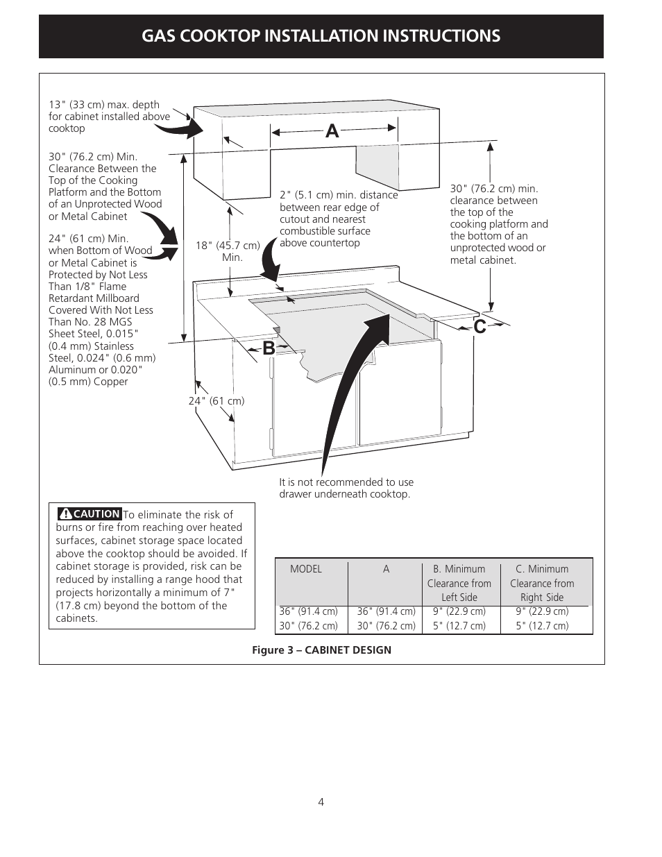 Ac b, Gas cooktop installation instructions | Electrolux 318201475 User Manual | Page 4 / 24