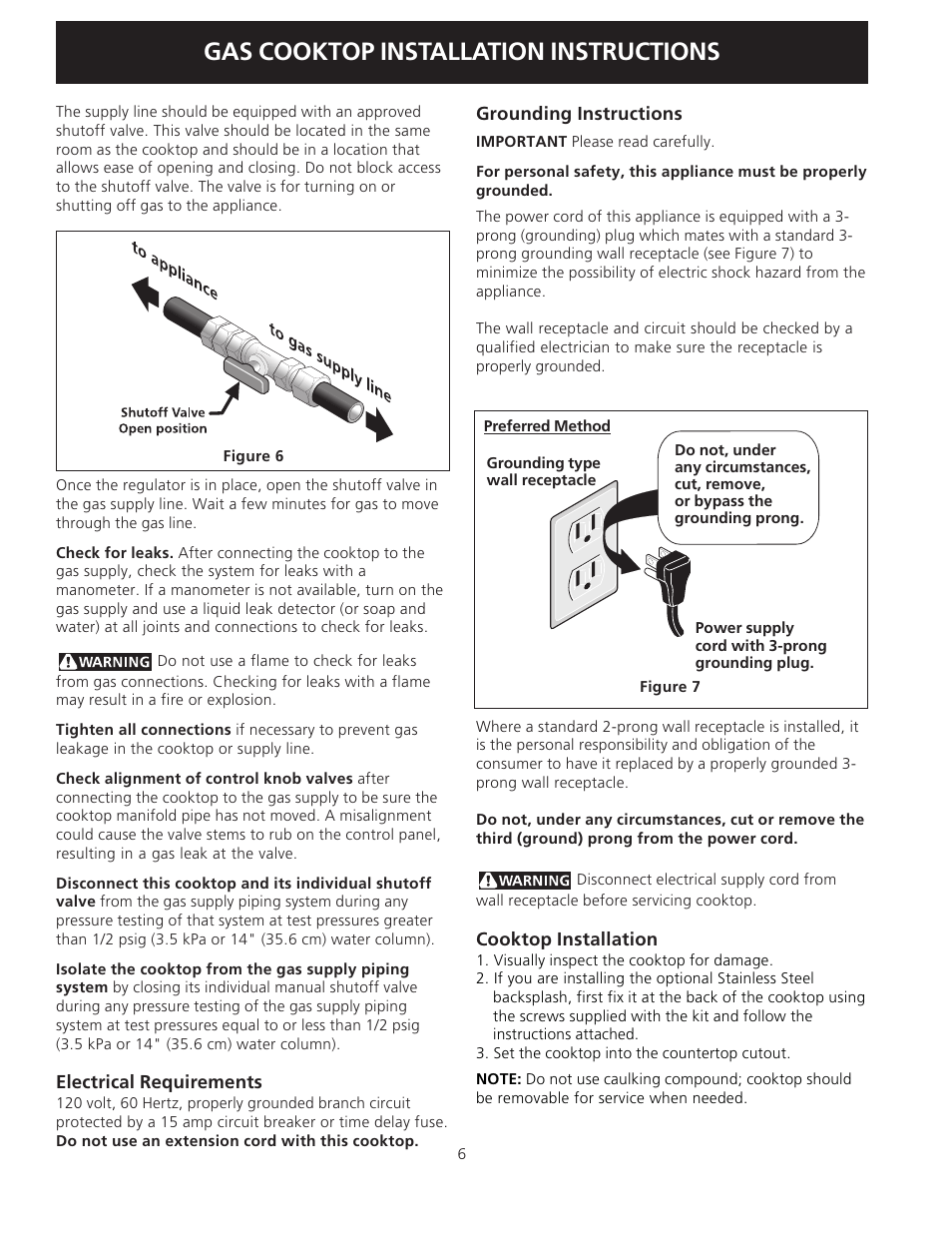 Gas cooktop installation instructions | Electrolux 318201475 User Manual | Page 6 / 24