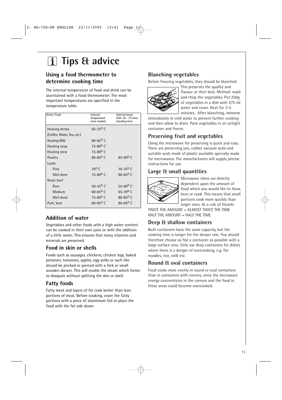 Tips & advice, Blanching vegetables, Preserving fruit and vegetables | Large & small quantities, Deep & shallow containers, Round & oval containers, Addition of water, Food in skin or shells, Fatty foods, Using a food thermometer to determine cooking time | Electrolux MCD2660E User Manual | Page 13 / 44