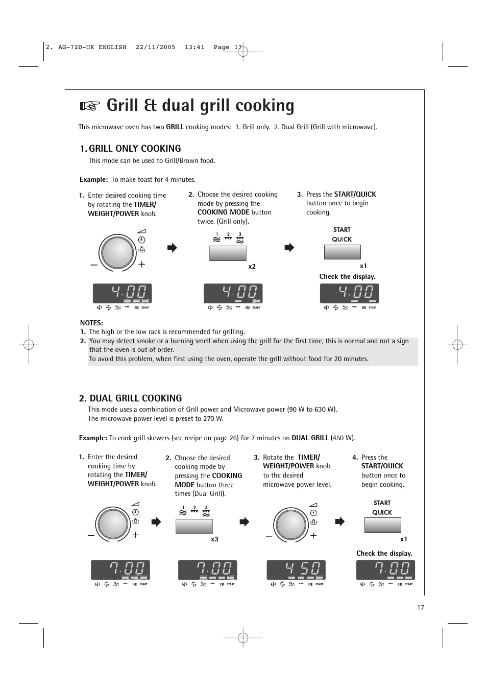 Grill & dual grill cooking, Grill only cooking, Dual grill cooking | Electrolux MCD2660E User Manual | Page 19 / 44