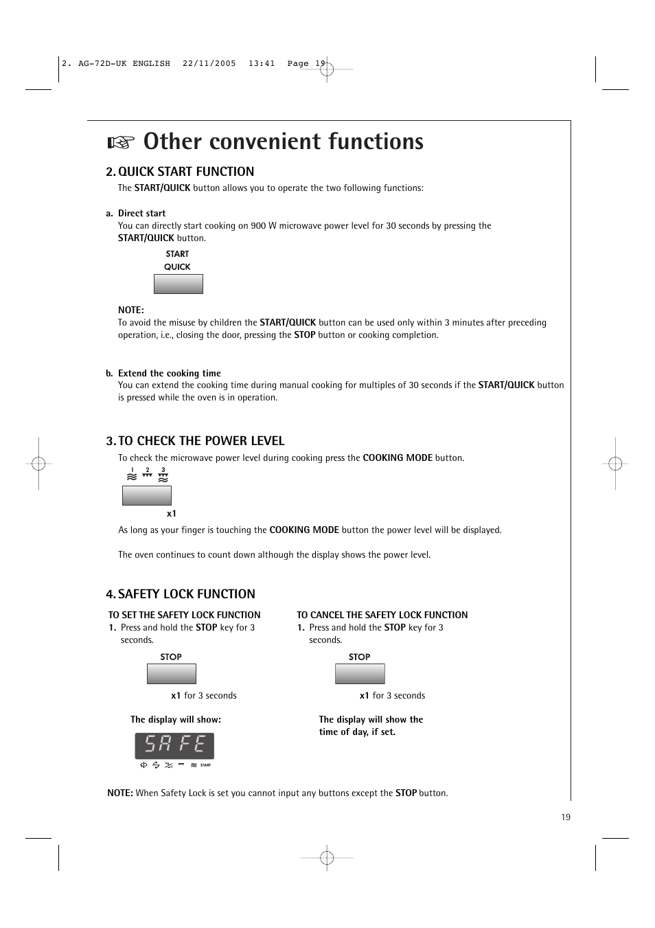 Other convenient functions, Safety lock function 2. quick start function | Electrolux MCD2660E User Manual | Page 21 / 44