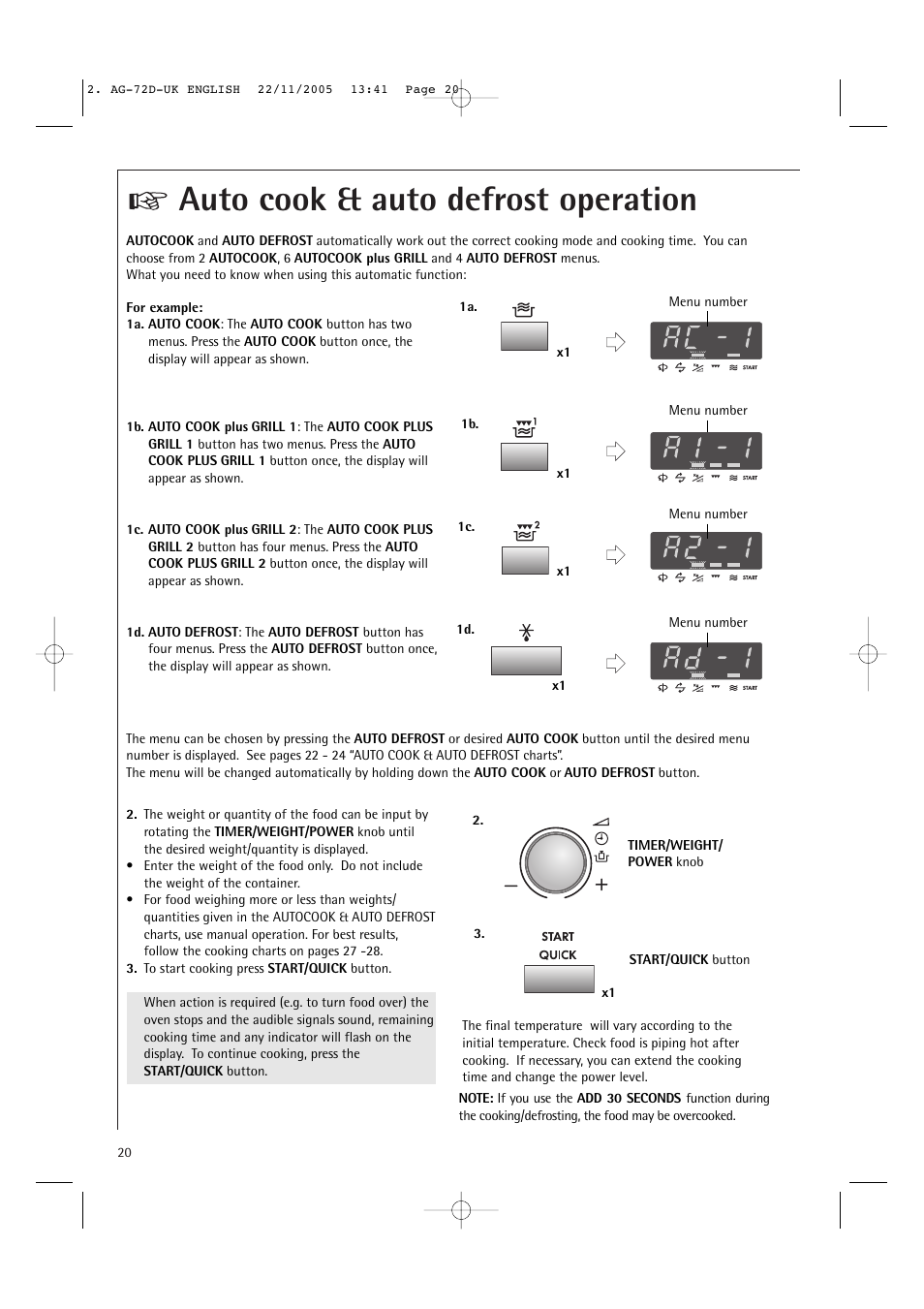 Auto cook & auto defrost operation | Electrolux MCD2660E User Manual | Page 22 / 44