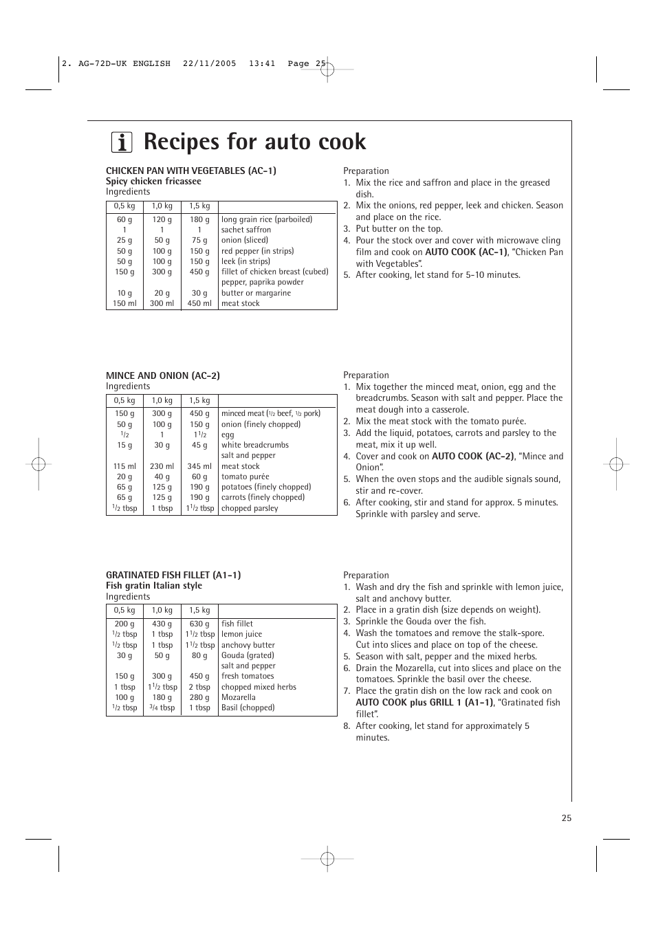 Recipes for auto cook | Electrolux MCD2660E User Manual | Page 27 / 44