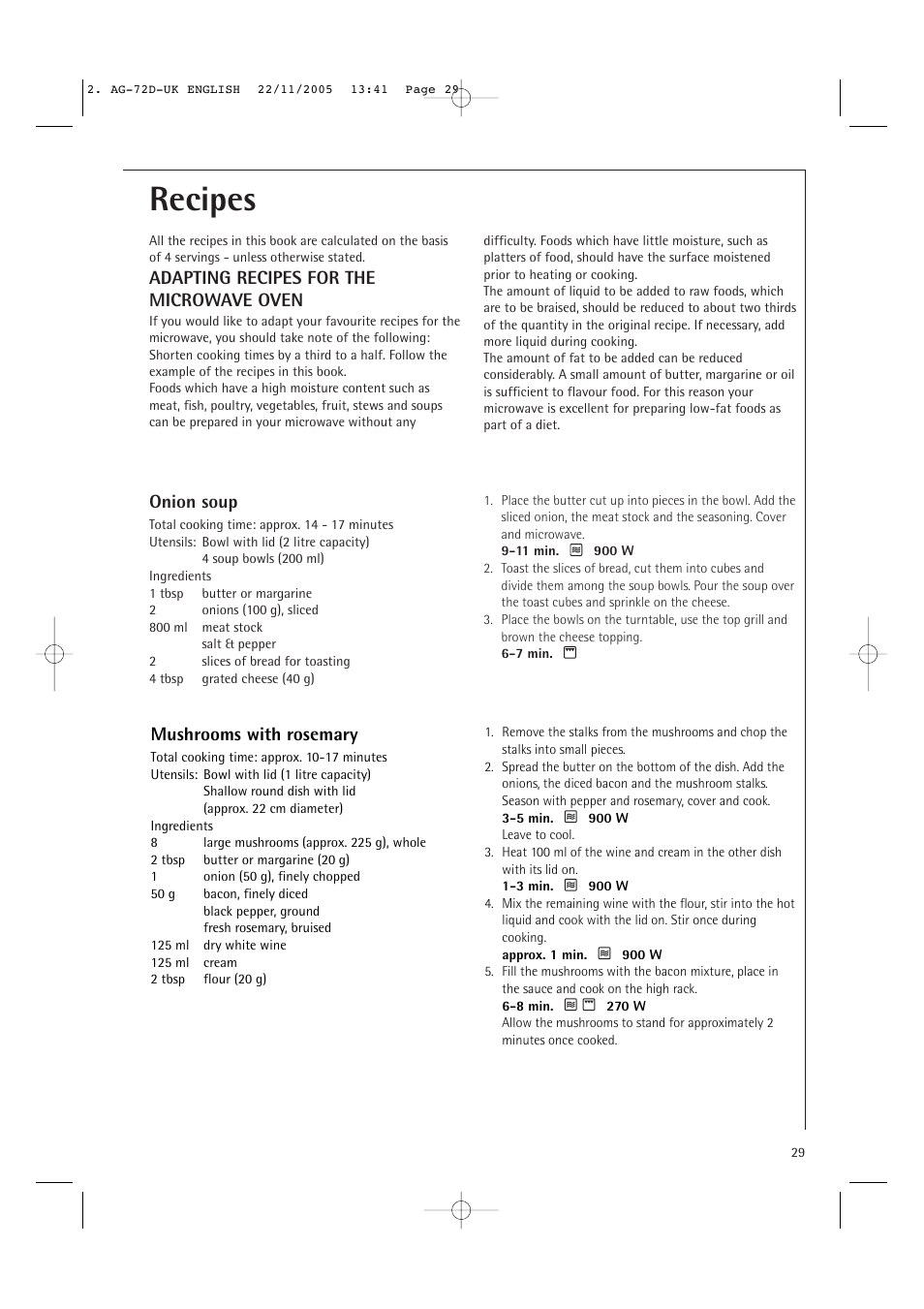 Recipes, Adapting recipes for the microwave oven, Onion soup | Mushrooms with rosemary | Electrolux MCD2660E User Manual | Page 31 / 44