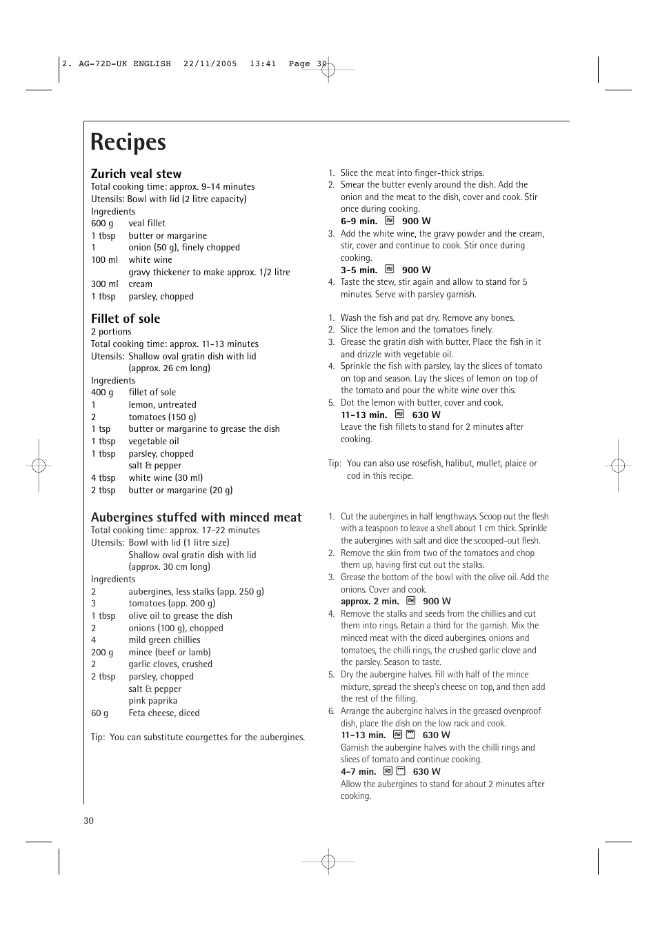 Recipes, Aubergines stuffed with minced meat, Zurich veal stew | Fillet of sole | Electrolux MCD2660E User Manual | Page 32 / 44