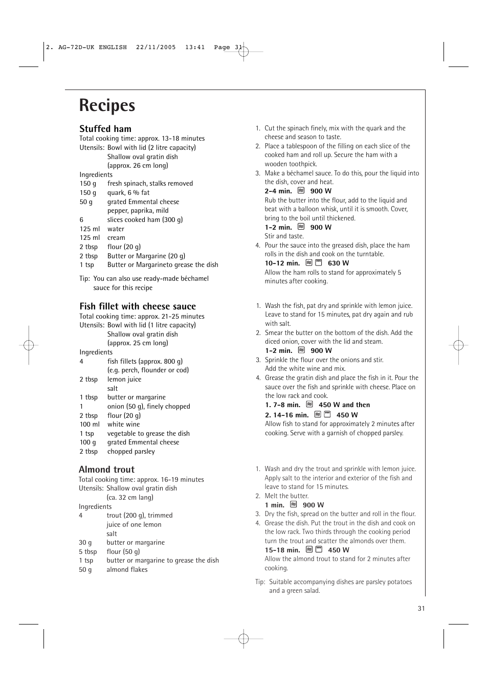 Recipes, Almond trout, Stuffed ham | Fish fillet with cheese sauce | Electrolux MCD2660E User Manual | Page 33 / 44