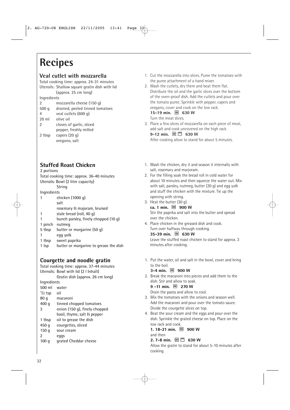 Recipes, Veal cutlet with mozzarella, Stuffed roast chicken | Courgette and noodle gratin | Electrolux MCD2660E User Manual | Page 34 / 44
