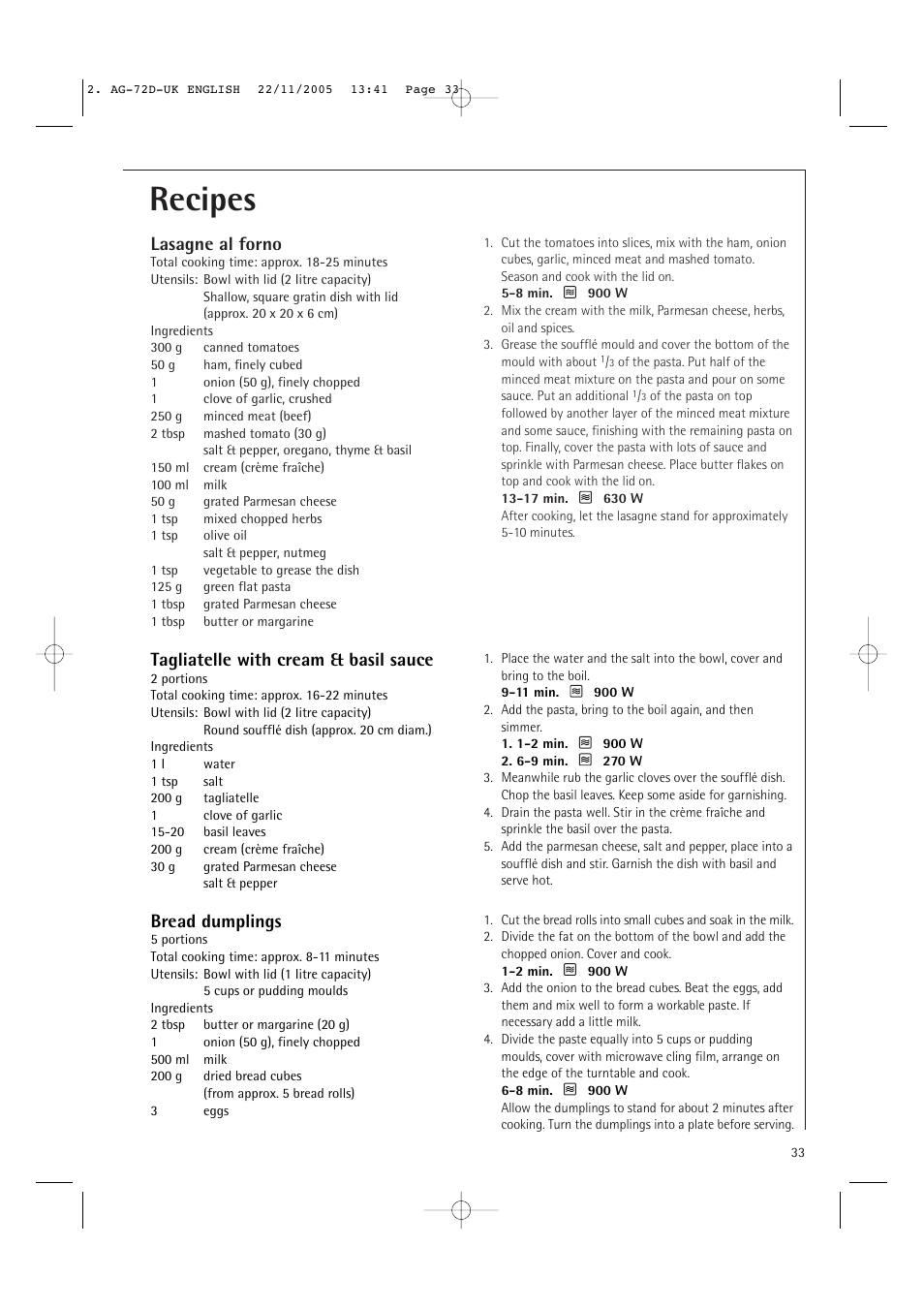 Recipes, Lasagne al forno, Tagliatelle with cream & basil sauce | Bread dumplings | Electrolux MCD2660E User Manual | Page 35 / 44