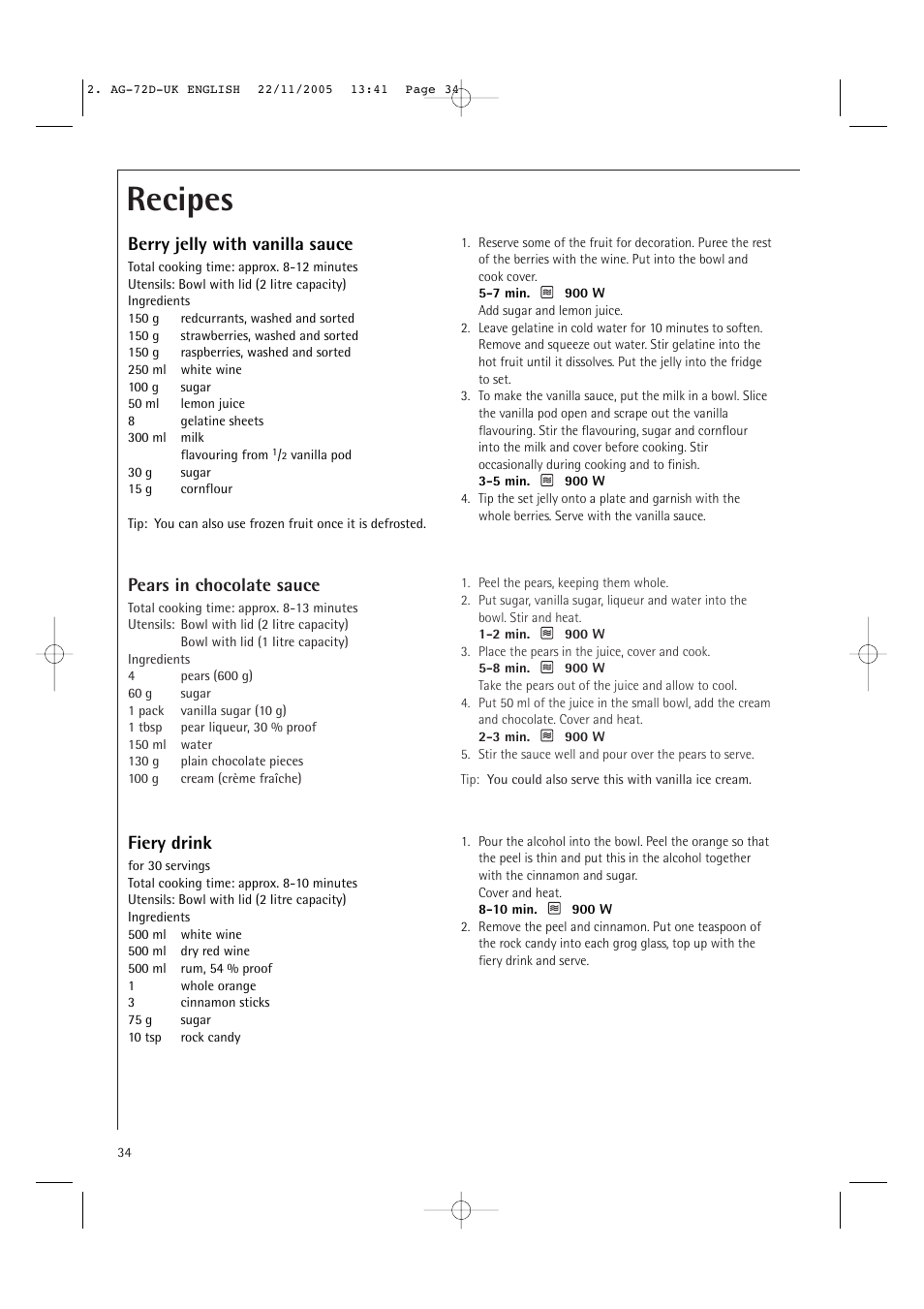 Recipes, Pears in chocolate sauce, Berry jelly with vanilla sauce | Fiery drink | Electrolux MCD2660E User Manual | Page 36 / 44