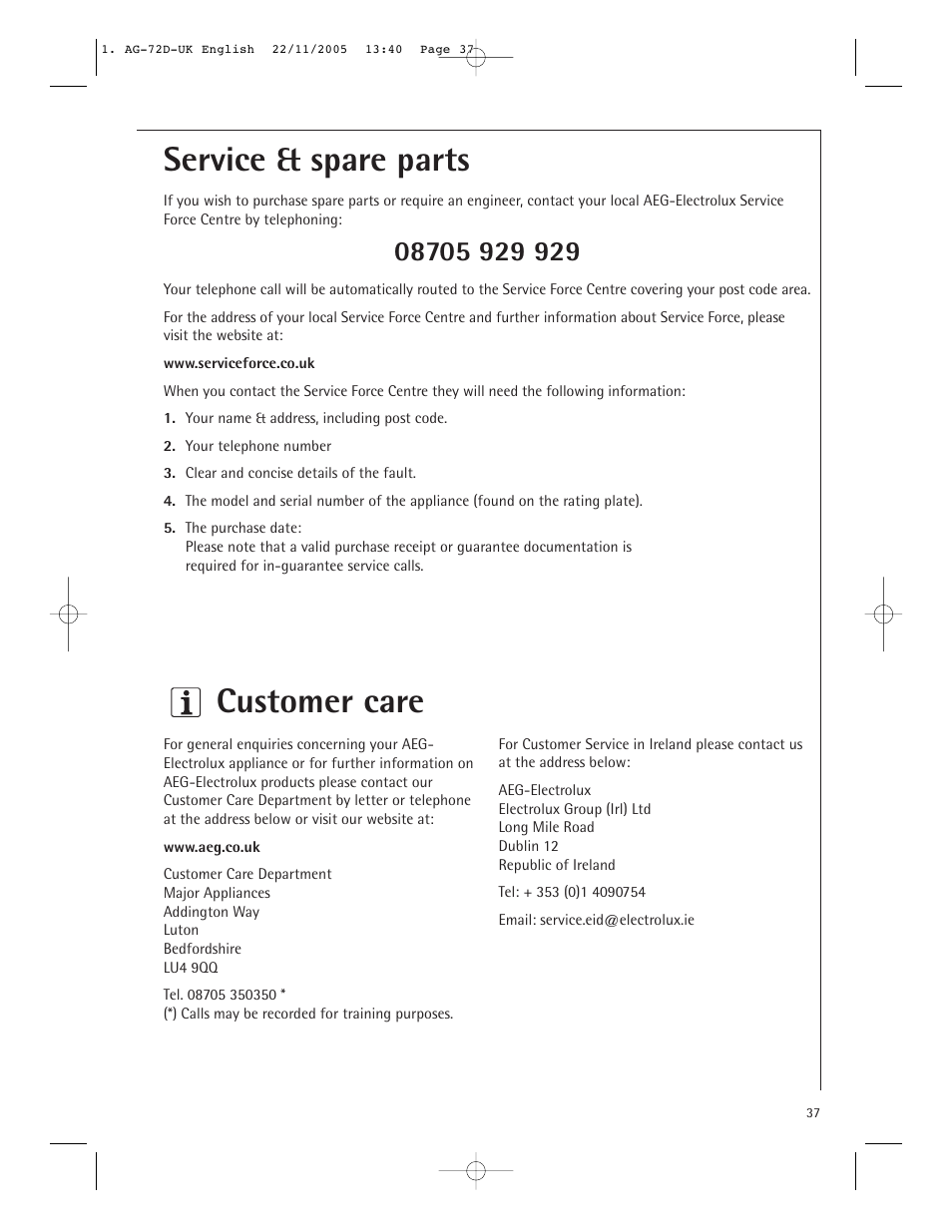 Service & spare parts customer care | Electrolux MCD2660E User Manual | Page 39 / 44