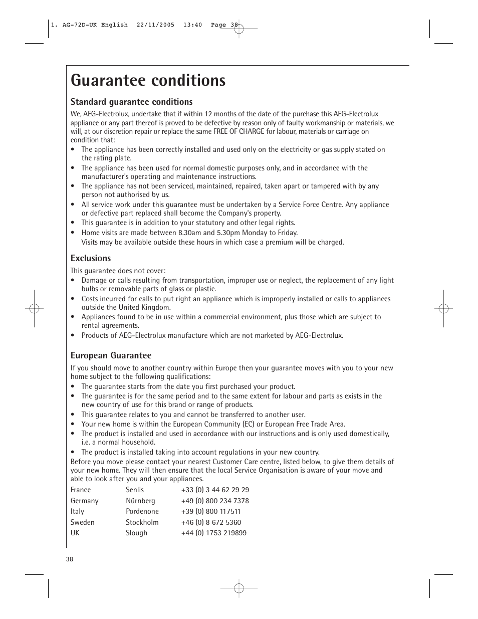 Guarantee conditions | Electrolux MCD2660E User Manual | Page 40 / 44