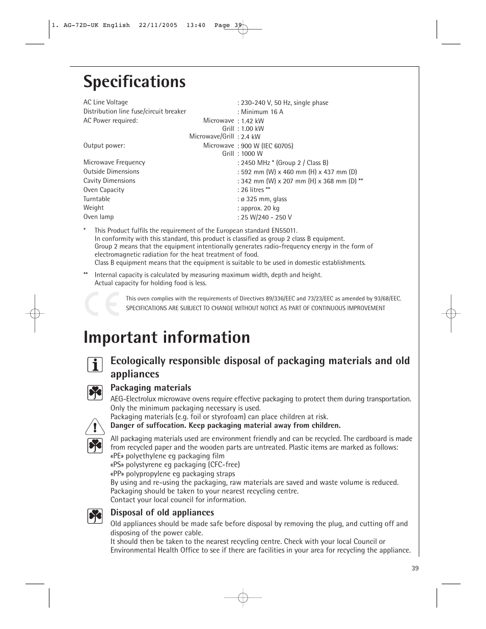 Specifications, Important information | Electrolux MCD2660E User Manual | Page 41 / 44