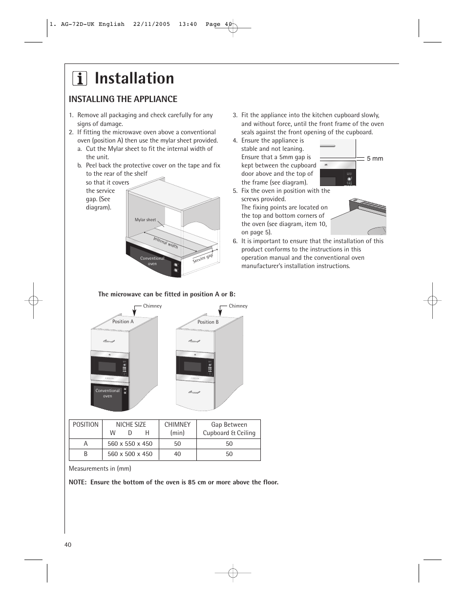 Installation, Installing the appliance | Electrolux MCD2660E User Manual | Page 42 / 44