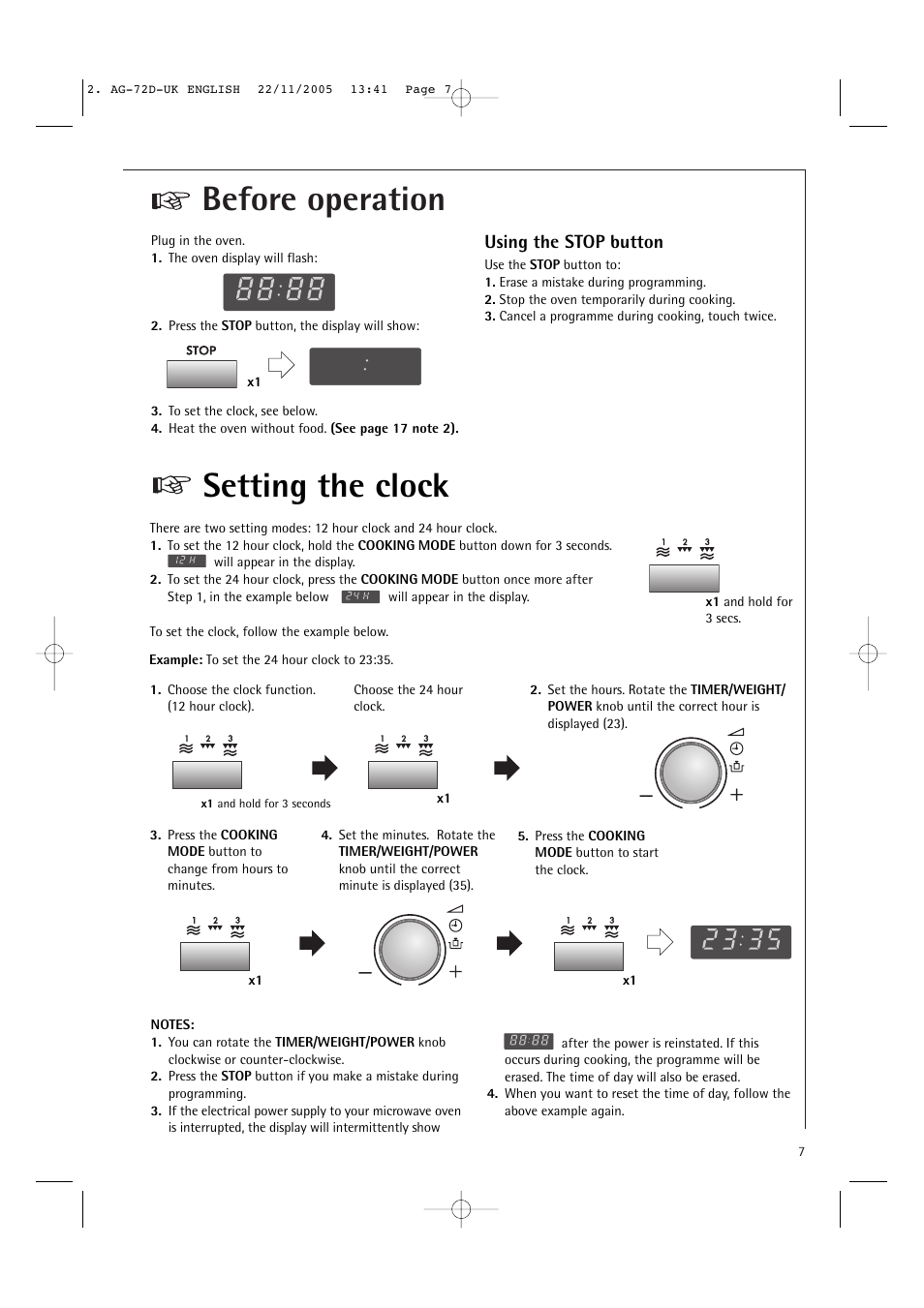 Before operation, Setting the clock, Using the stop button | Electrolux MCD2660E User Manual | Page 9 / 44