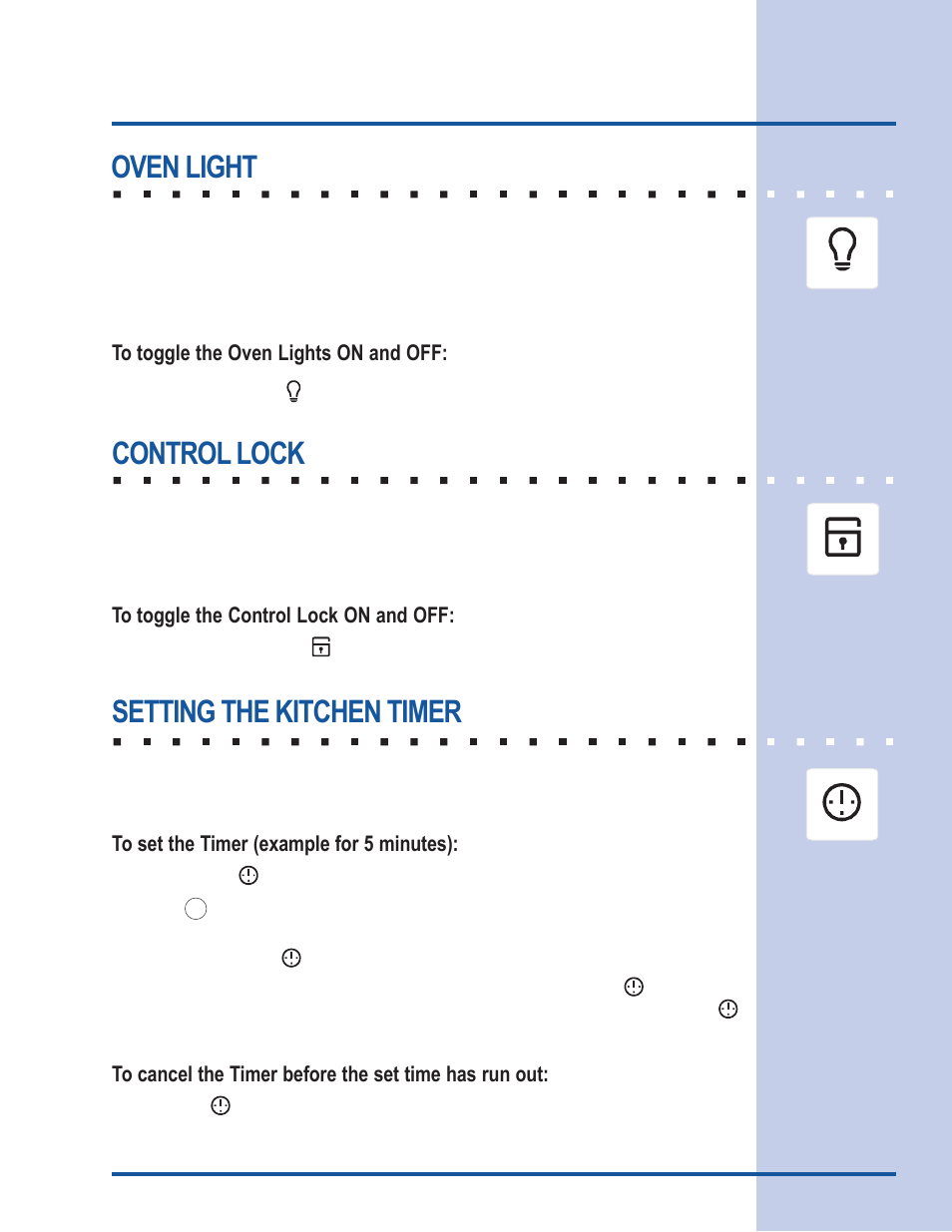 Getting started, Oven light, Setting the kitchen timer | Control lock | Electrolux Gas Slide-In Range User Manual | Page 15 / 52