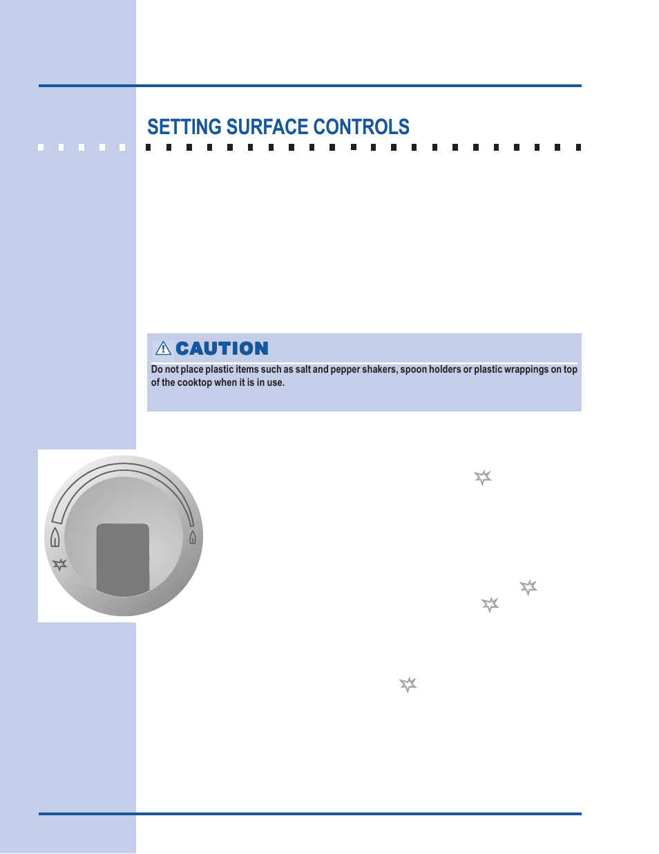 Setting surface controls, Ca caution ution ution ution ution | Electrolux Gas Slide-In Range User Manual | Page 18 / 52