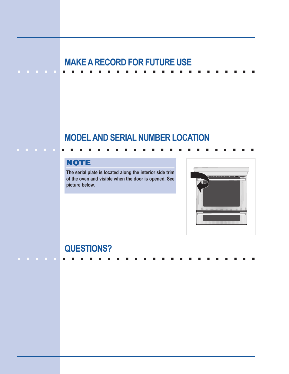 Finding information, Make a record for future use, Model and serial number location questions | Electrolux Gas Slide-In Range User Manual | Page 2 / 52