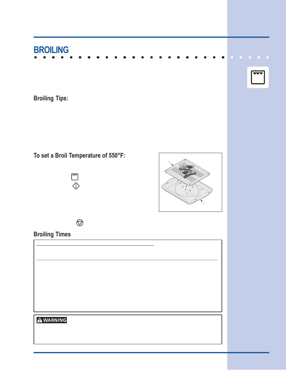 Cooking modes, Broiling, Broiling tips | Broiling times | Electrolux Gas Slide-In Range User Manual | Page 23 / 52