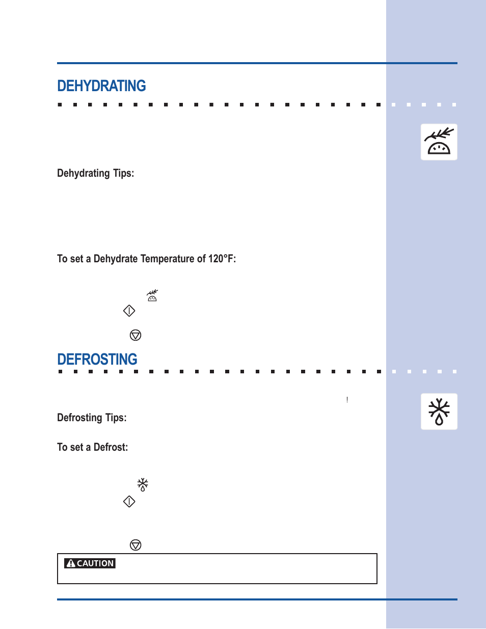 Cooking modes, Dehydrating, Defrosting | Dehydrating tips, Defrosting tips | Electrolux Gas Slide-In Range User Manual | Page 29 / 52