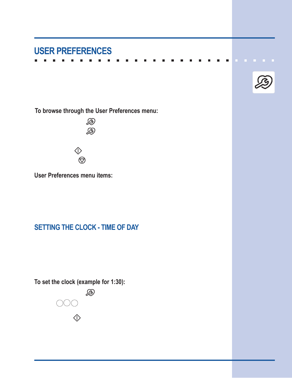 Electronic control settings, User preferences, Setting the clock - time of day | User preferences menu items | Electrolux Gas Slide-In Range User Manual | Page 35 / 52