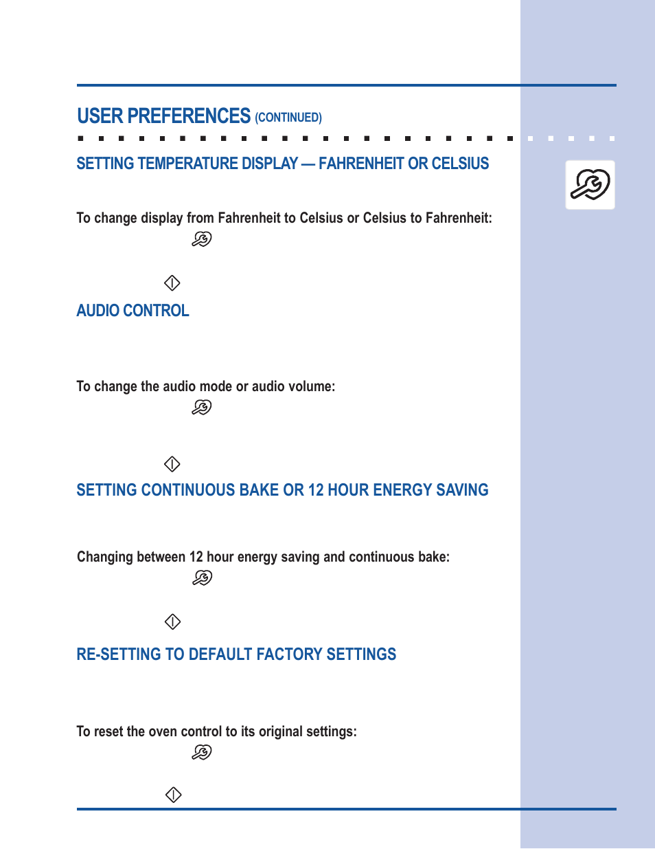 Electronic control settings, User preferences, Setting continuous bake or 12 hour energy saving | Re-setting to default factory settings, Audio control | Electrolux Gas Slide-In Range User Manual | Page 37 / 52