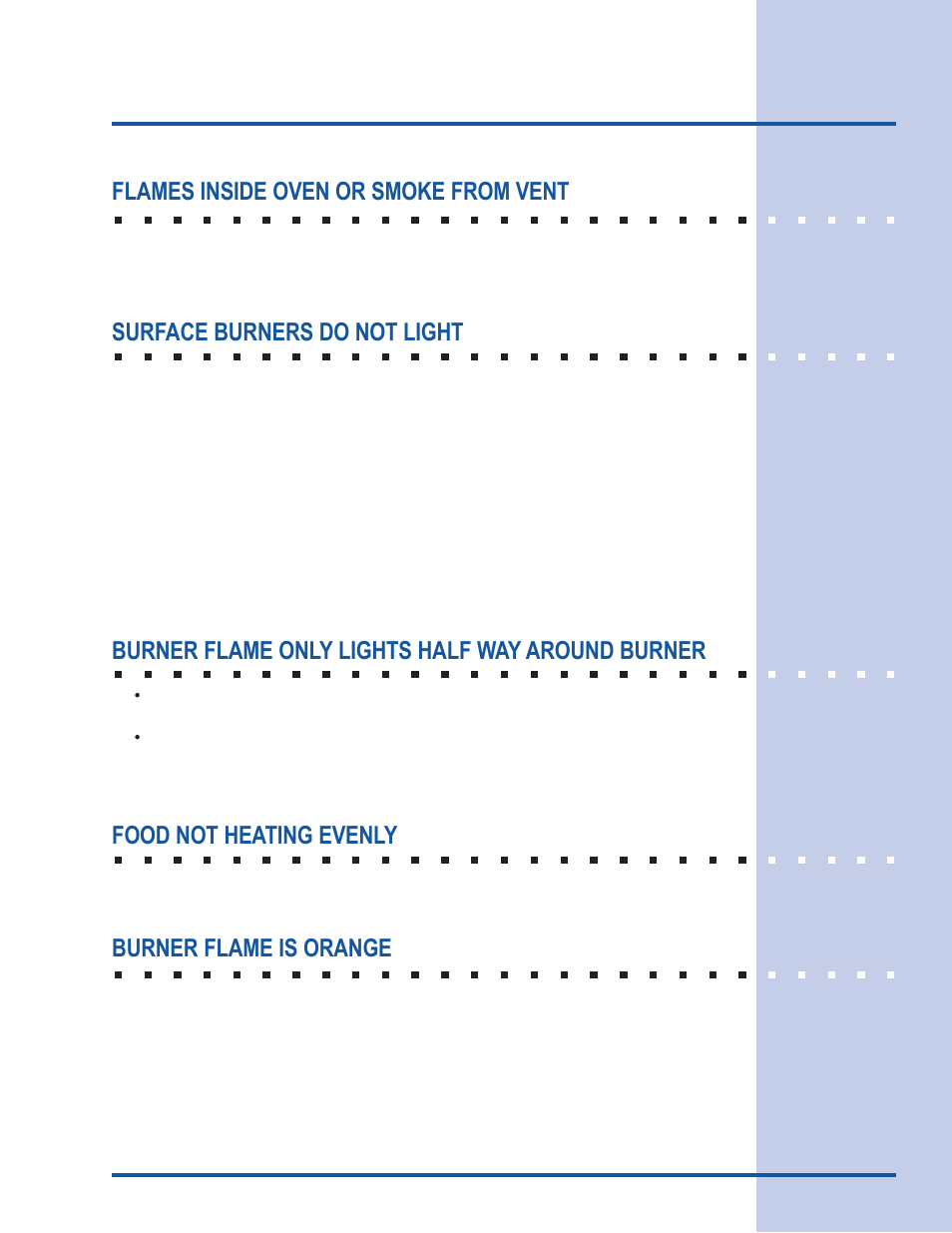 Solutions to common problems, Flames inside oven or smoke from vent, Surface burners do not light | Burner flame only lights half way around burner, Food not heating evenly, Burner flame is orange | Electrolux Gas Slide-In Range User Manual | Page 51 / 52