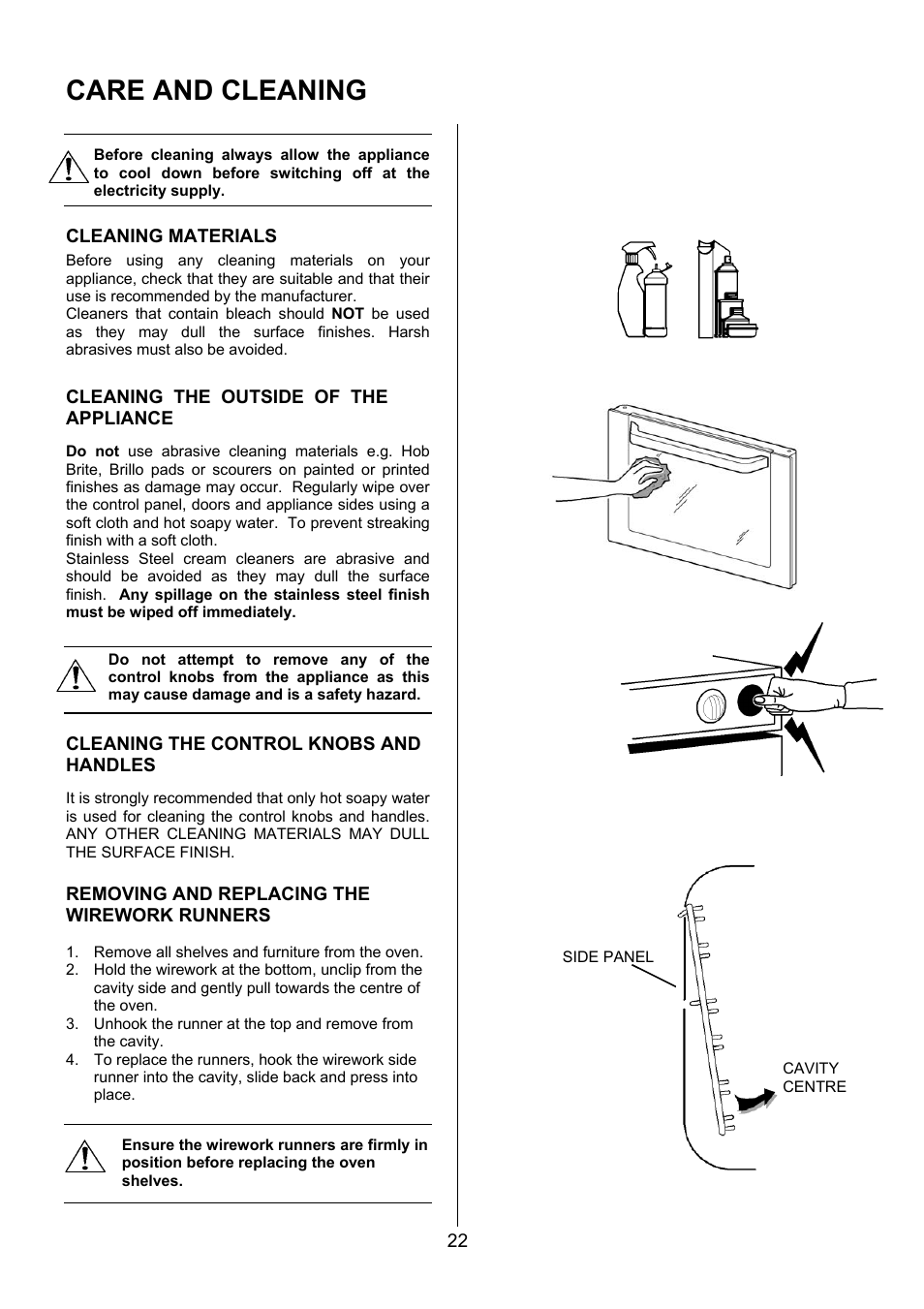 Care and cleaning, Cleaning materials, Cleaning the outside of the appliance | Cleaning the control knobs and handles, Removing and replacing the wirework runners | Electrolux EKG6046/EKG6047 User Manual | Page 22 / 40