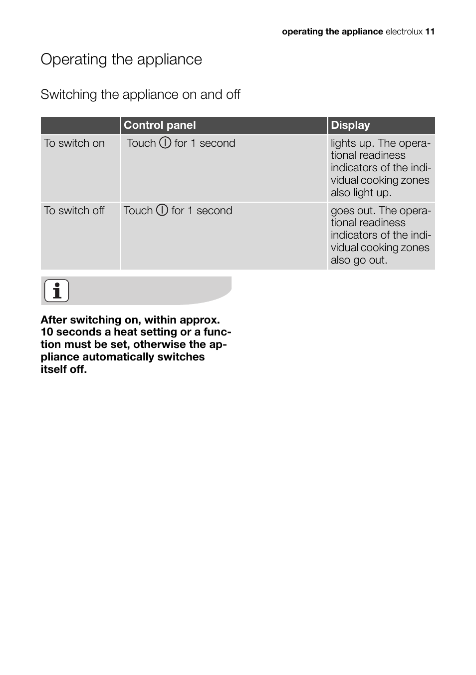 Operating the appliance, Switching the appliance on and off | Electrolux Ceramic Glass Hob EHS601210P User Manual | Page 11 / 40