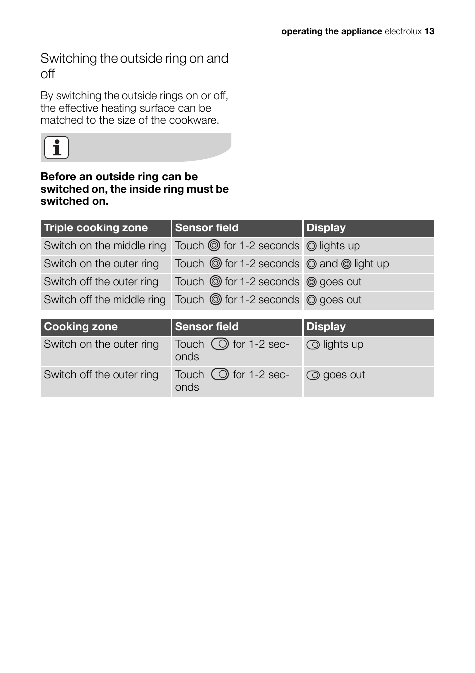 Switching the outside ring on and off | Electrolux Ceramic Glass Hob EHS601210P User Manual | Page 13 / 40