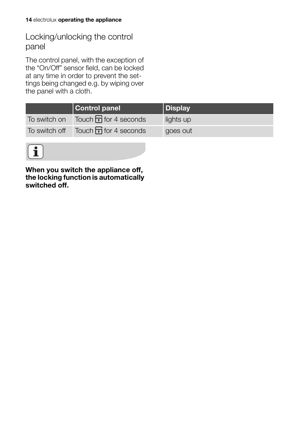 Locking/unlocking the control panel | Electrolux Ceramic Glass Hob EHS601210P User Manual | Page 14 / 40