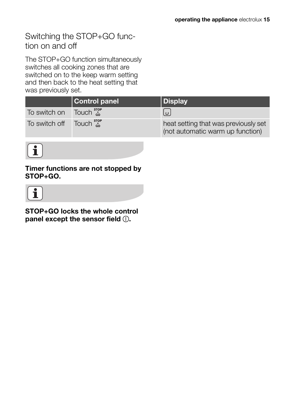 Switching the stop+go func- tion on and off | Electrolux Ceramic Glass Hob EHS601210P User Manual | Page 15 / 40