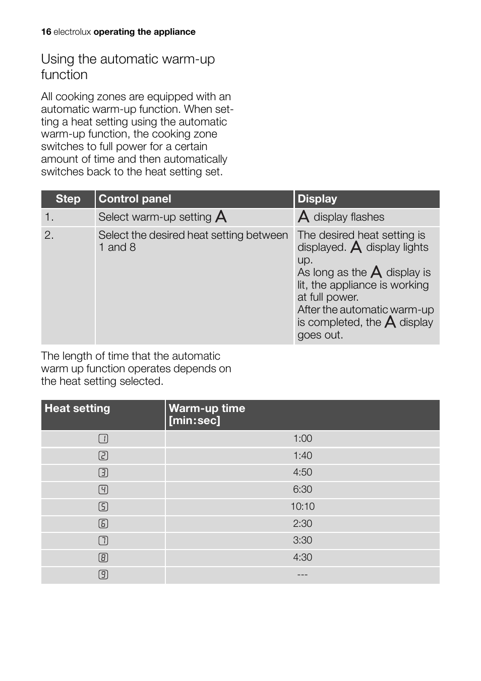 Using the automatic warm-up function | Electrolux Ceramic Glass Hob EHS601210P User Manual | Page 16 / 40