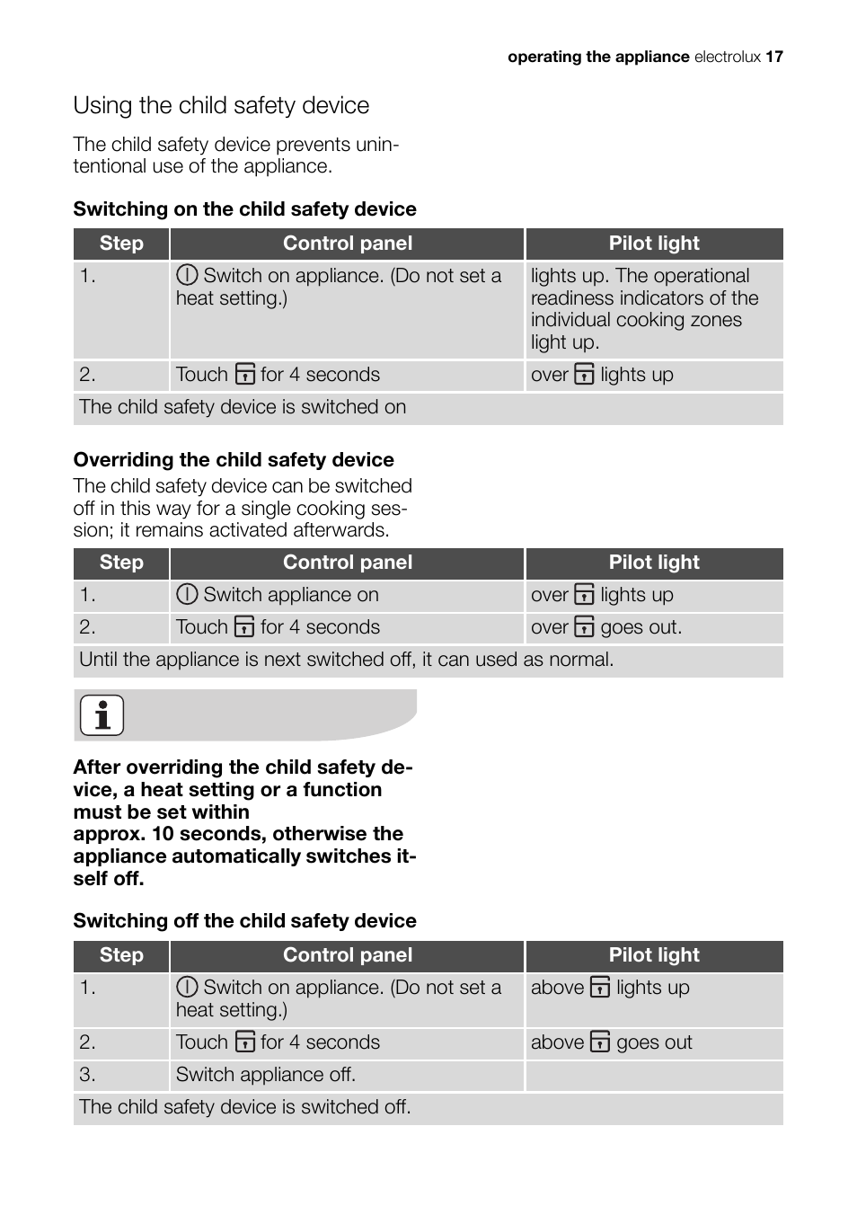 Using the child safety device | Electrolux Ceramic Glass Hob EHS601210P User Manual | Page 17 / 40