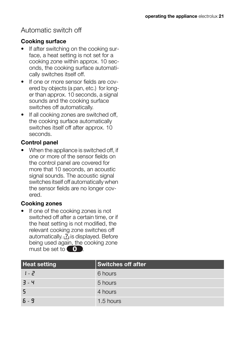 Automatic switch off | Electrolux Ceramic Glass Hob EHS601210P User Manual | Page 21 / 40