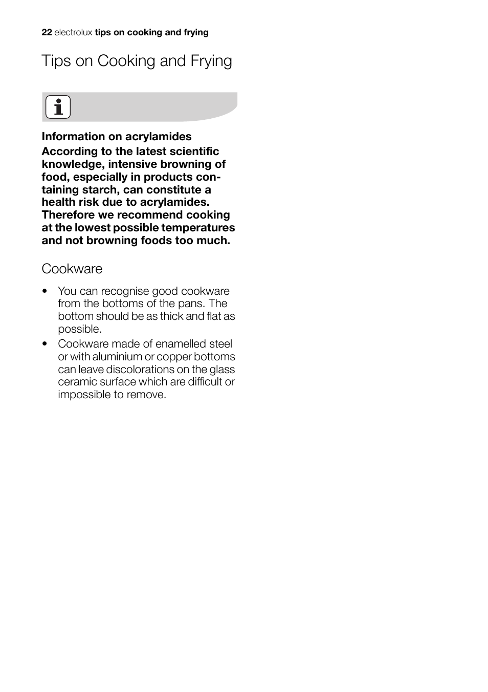 Tips on cooking and frying | Electrolux Ceramic Glass Hob EHS601210P User Manual | Page 22 / 40