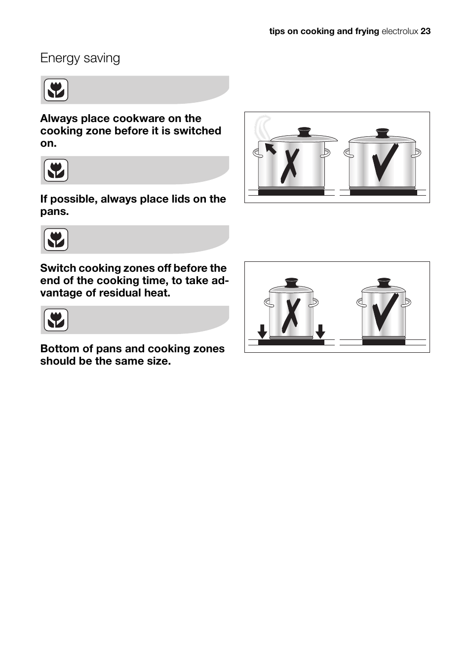 Energy saving | Electrolux Ceramic Glass Hob EHS601210P User Manual | Page 23 / 40