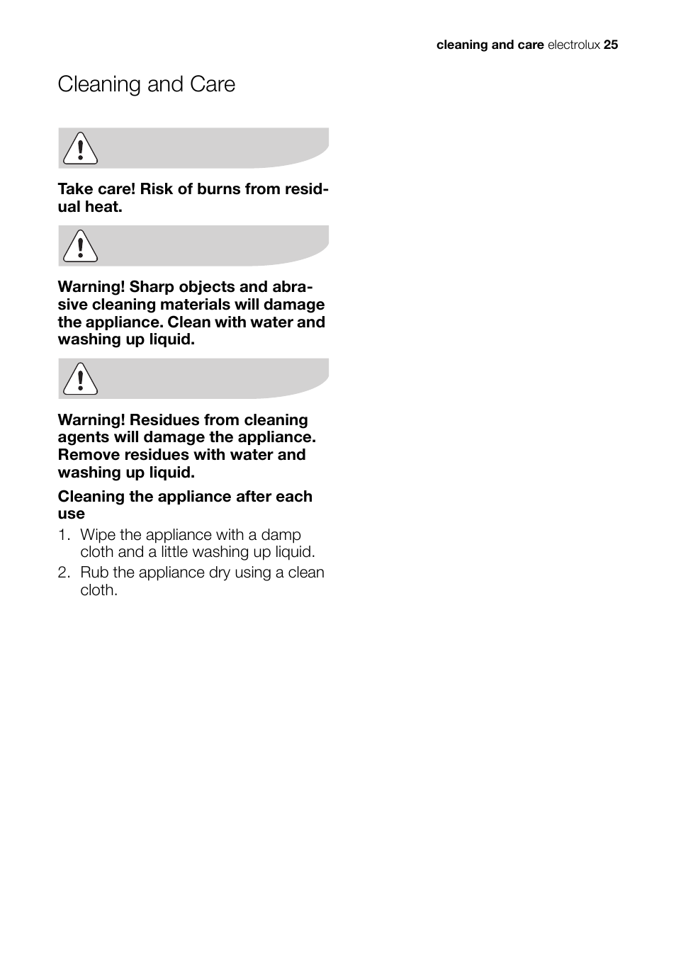 Cleaning and care | Electrolux Ceramic Glass Hob EHS601210P User Manual | Page 25 / 40