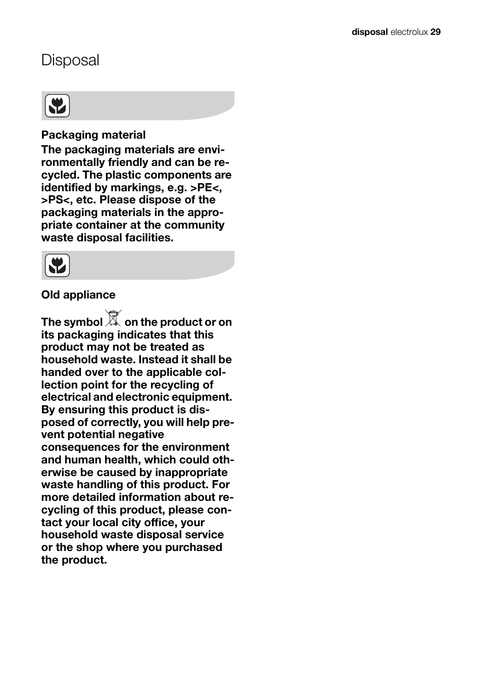 Disposal | Electrolux Ceramic Glass Hob EHS601210P User Manual | Page 29 / 40