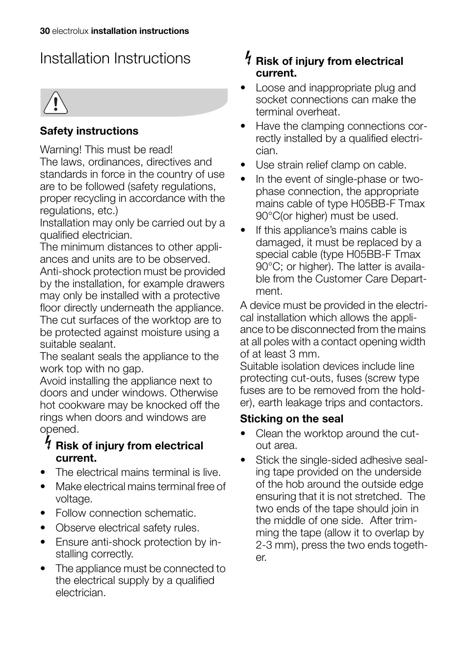 Installation instructions | Electrolux Ceramic Glass Hob EHS601210P User Manual | Page 30 / 40