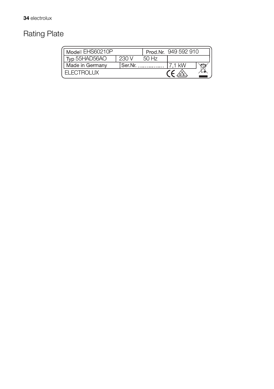 Rating plate | Electrolux Ceramic Glass Hob EHS601210P User Manual | Page 34 / 40