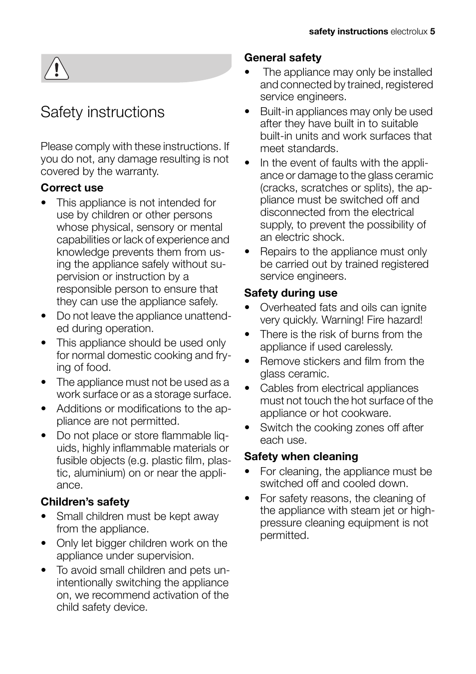 Safety instructions | Electrolux Ceramic Glass Hob EHS601210P User Manual | Page 5 / 40