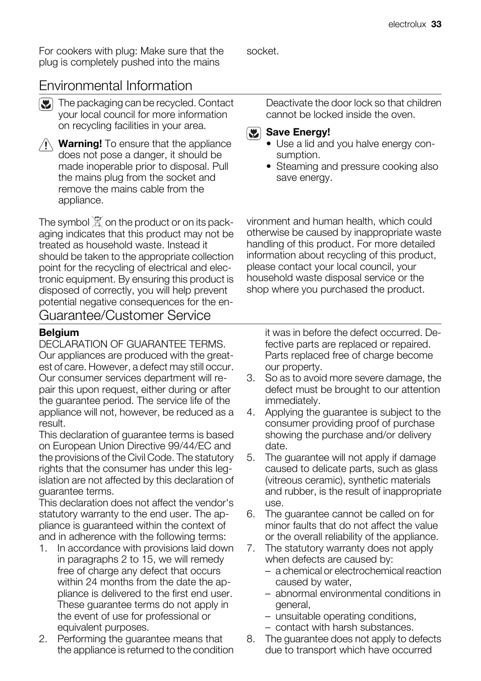 Environmental information, Guarantee/customer service | Electrolux EKD60760 User Manual | Page 33 / 40